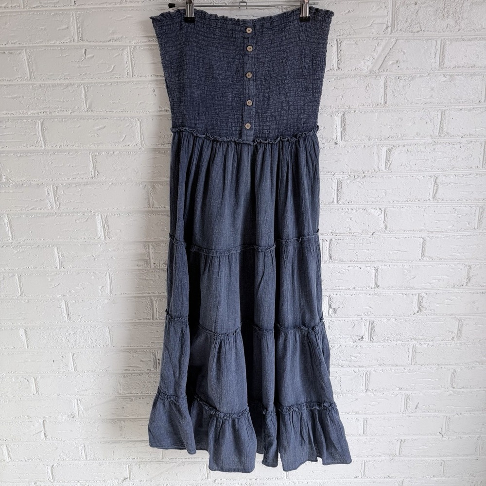 Chelsea Taylor Blue Tiered Strapless Midi Sundress Womens Size Large Scrunch Top